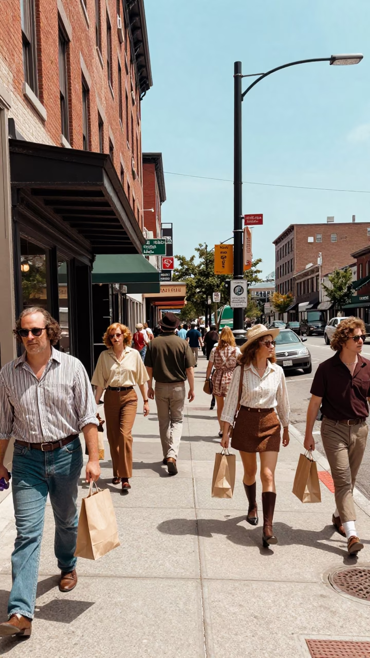Busy Toronto Street Corner Midday with Vintage 1970s Atmosphere and Local Details in in Toronto, Ontario, Canada