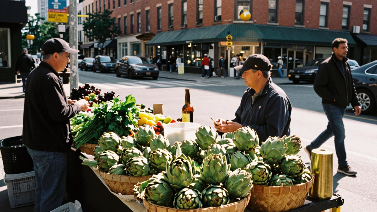 Busy Toronto Street Corner with Artichokes and Brass Bottle at First Light in in Toronto, Ontario, Canada