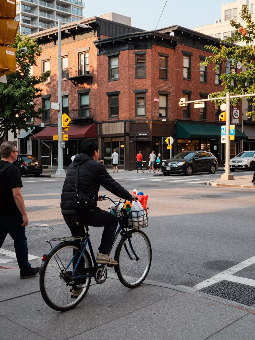 Busy Toronto Street Corner with Bicycle Basket and Pedestrians in Early Afternoon Light in in Toronto, Ontario, Canada