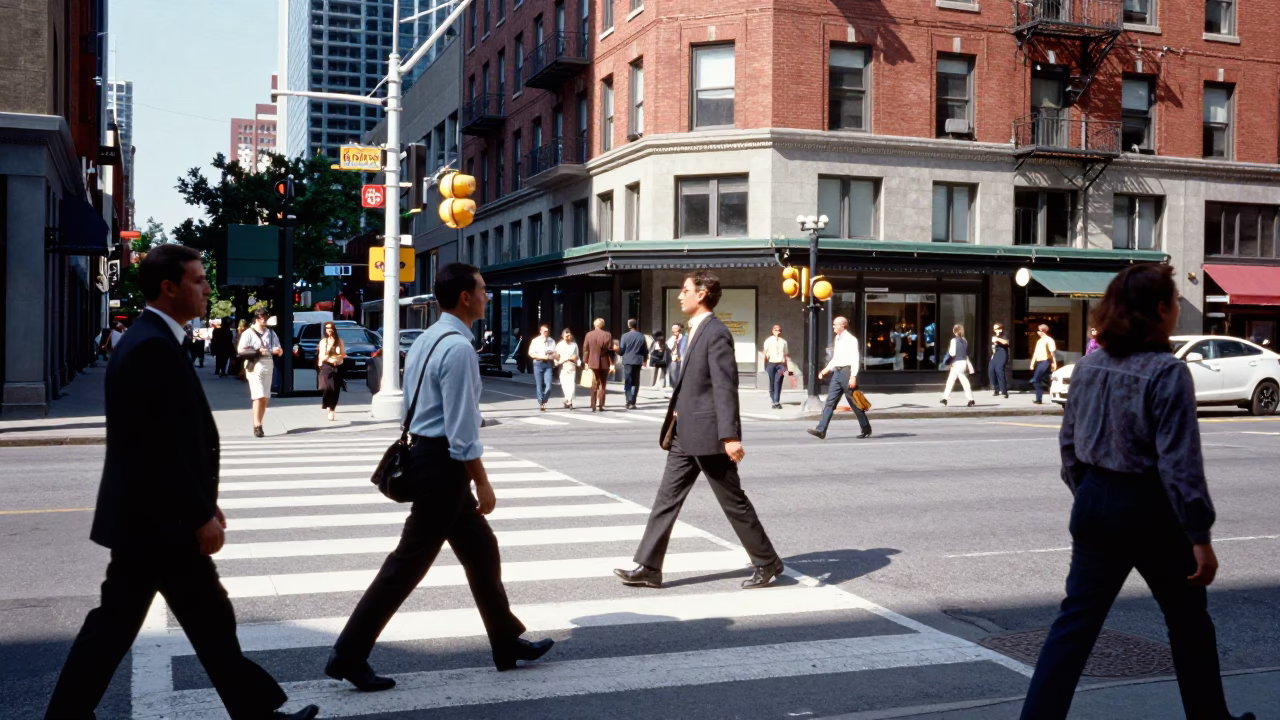 Busy Toronto Street Corner with Commuters and Urban Infrastructure Under Noon Light in in Toronto, Ontario, Canada