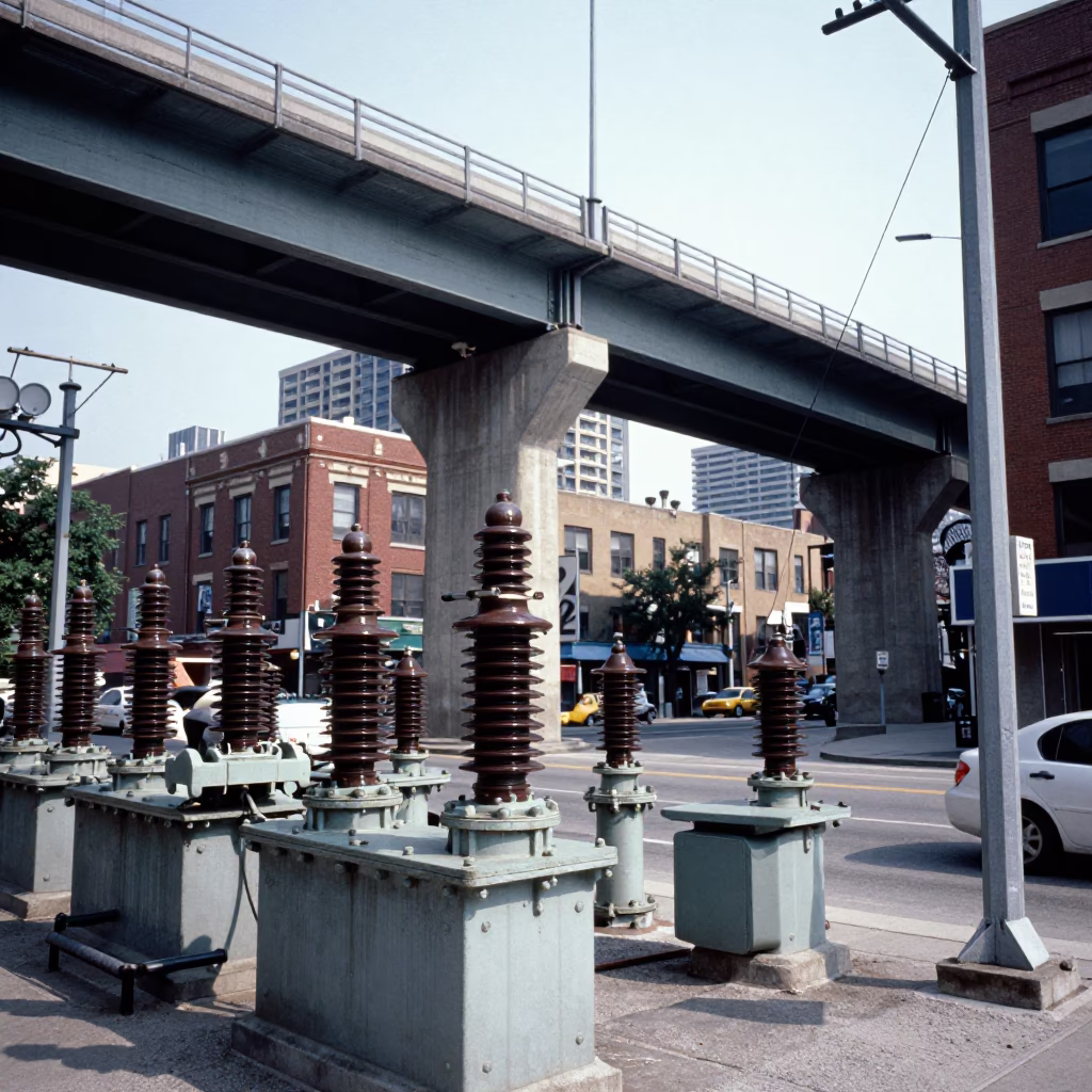 Busy Toronto Street Corner with Concrete Viaduct and Substation Insulators in Midmorning Light in in Toronto, Ontario, Canada