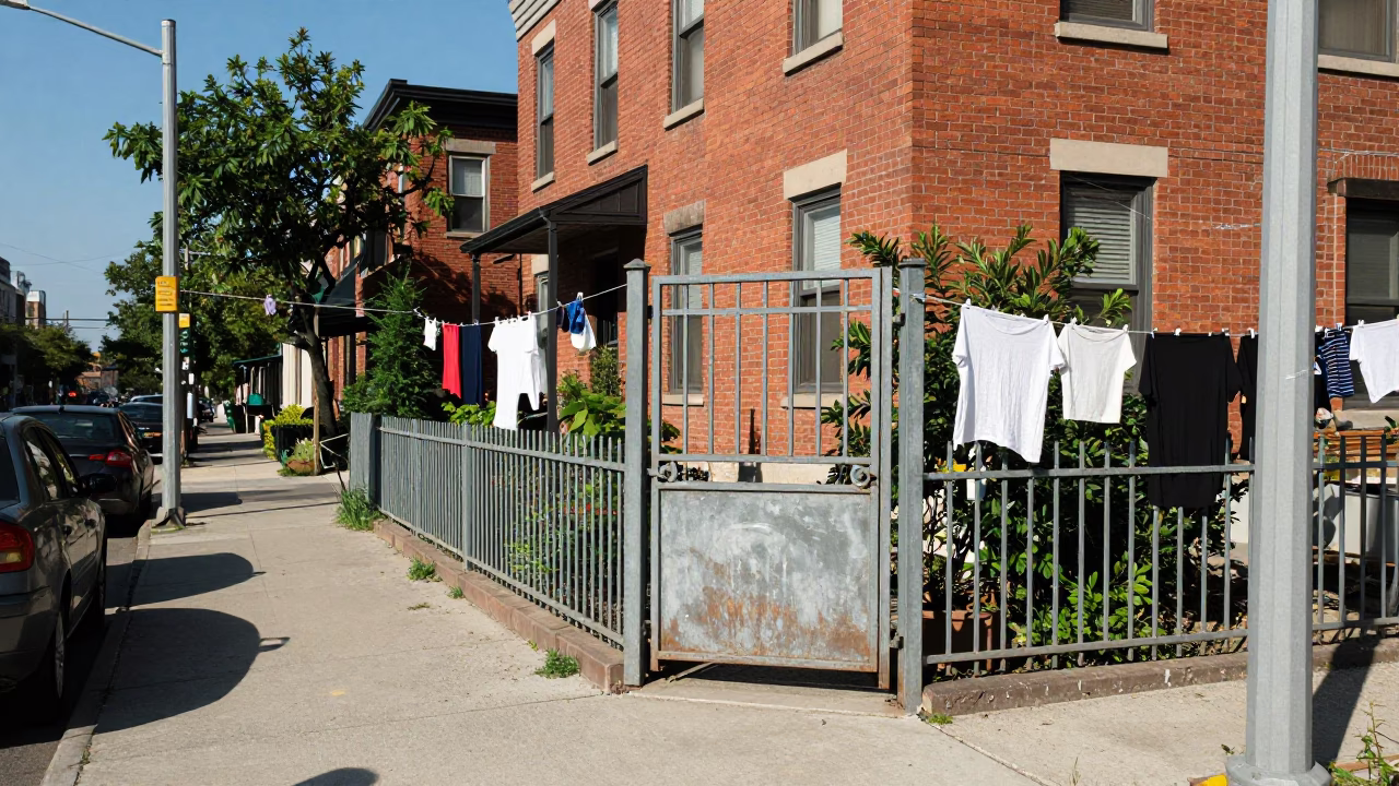 Busy Toronto Street Corner With Garden Gate And Clothesline Afternoon in in Toronto, Ontario, Canada