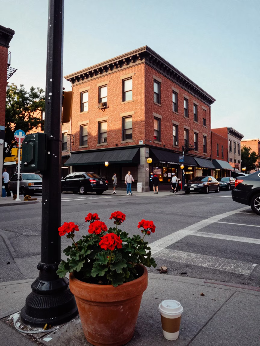 Busy Toronto Street Corner with Potted Geraniums and Coffee Shop Exterior in Late Afternoon in in Toronto, Ontario, Canada