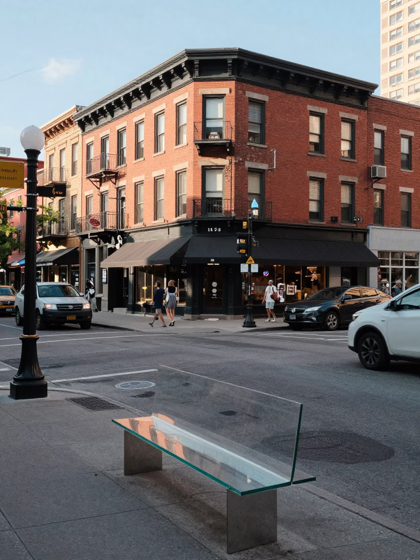 Busy Toronto Street Corner with Vintage 1970s Architecture and Clear Glass Bench in in Toronto, Ontario, Canada