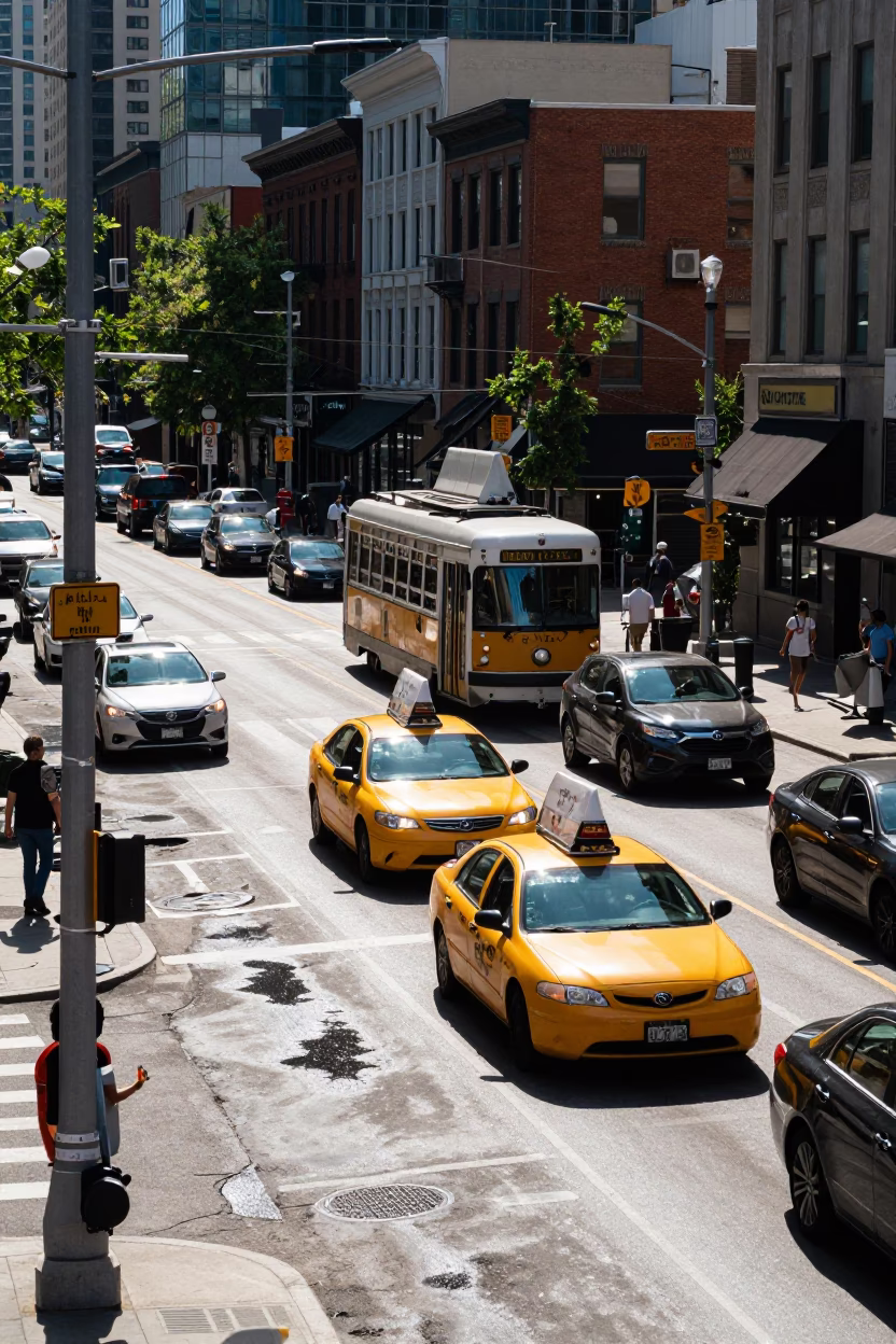 Busy Toronto Street Corner with Vintage 1970s Vehicles and Pedestrians Near CN Tower in in Toronto, Ontario, Canada