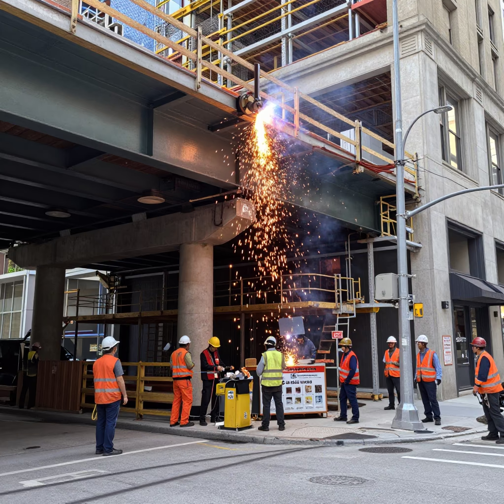 Busy Toronto Street Corner with Welding Sparks and Construction Activity at Midday in in Toronto, Ontario, Canada