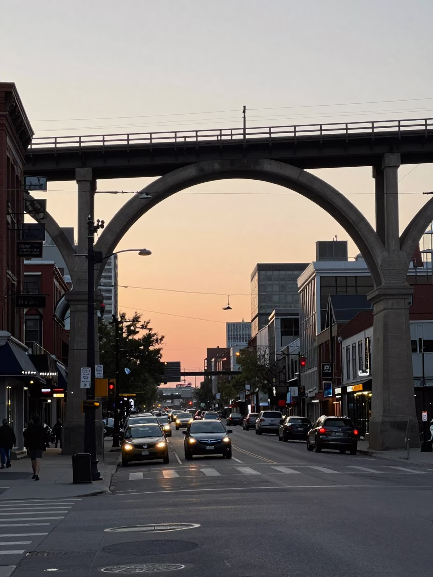 Busy Toronto Street Scene at Dawn with Railway Viaduct and Early Commuters in in Toronto, Ontario, Canada