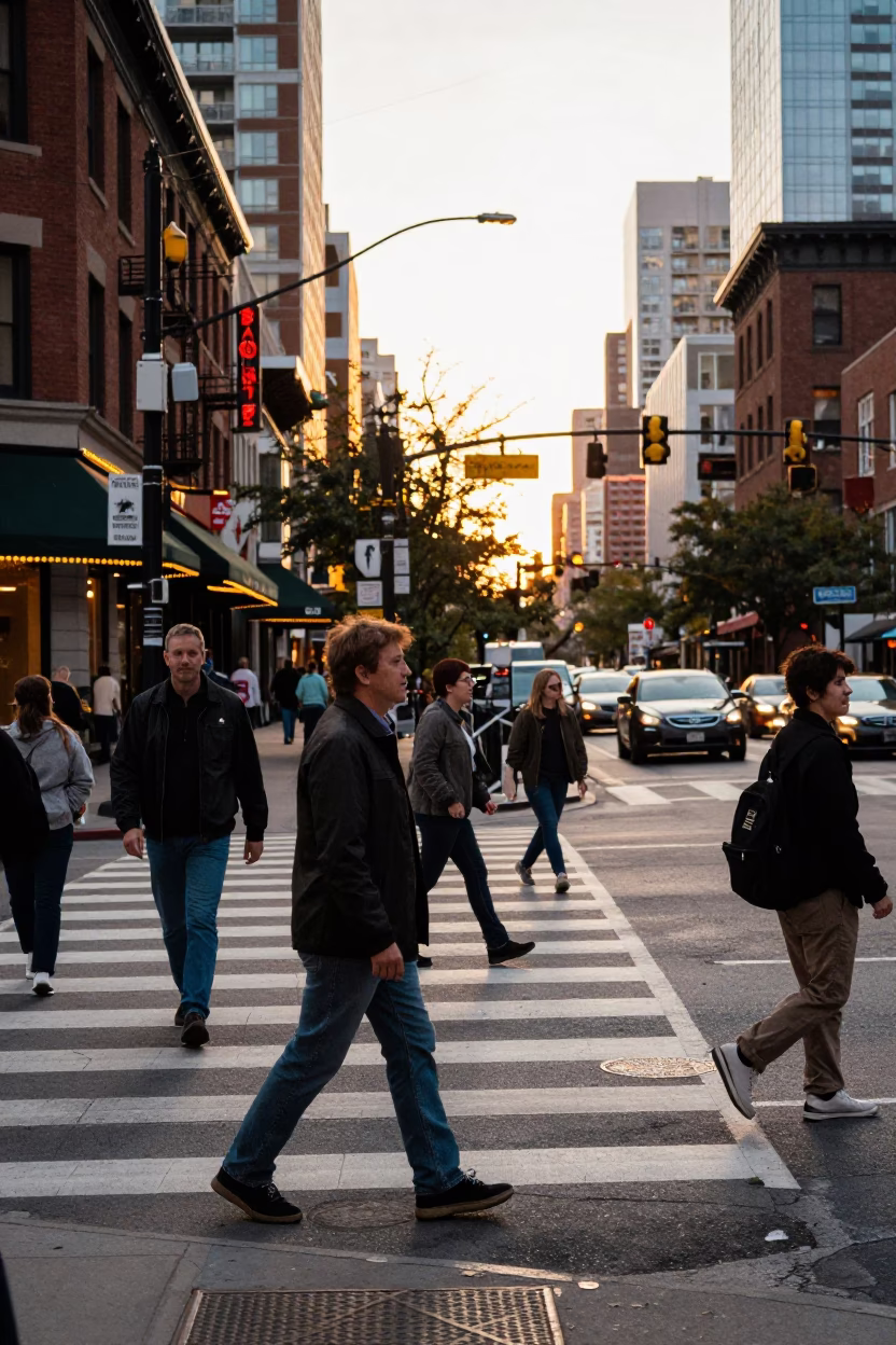Busy Toronto Street Scene at Golden Hour with Pedestrians and City Architecture in in Toronto, Ontario, Canada