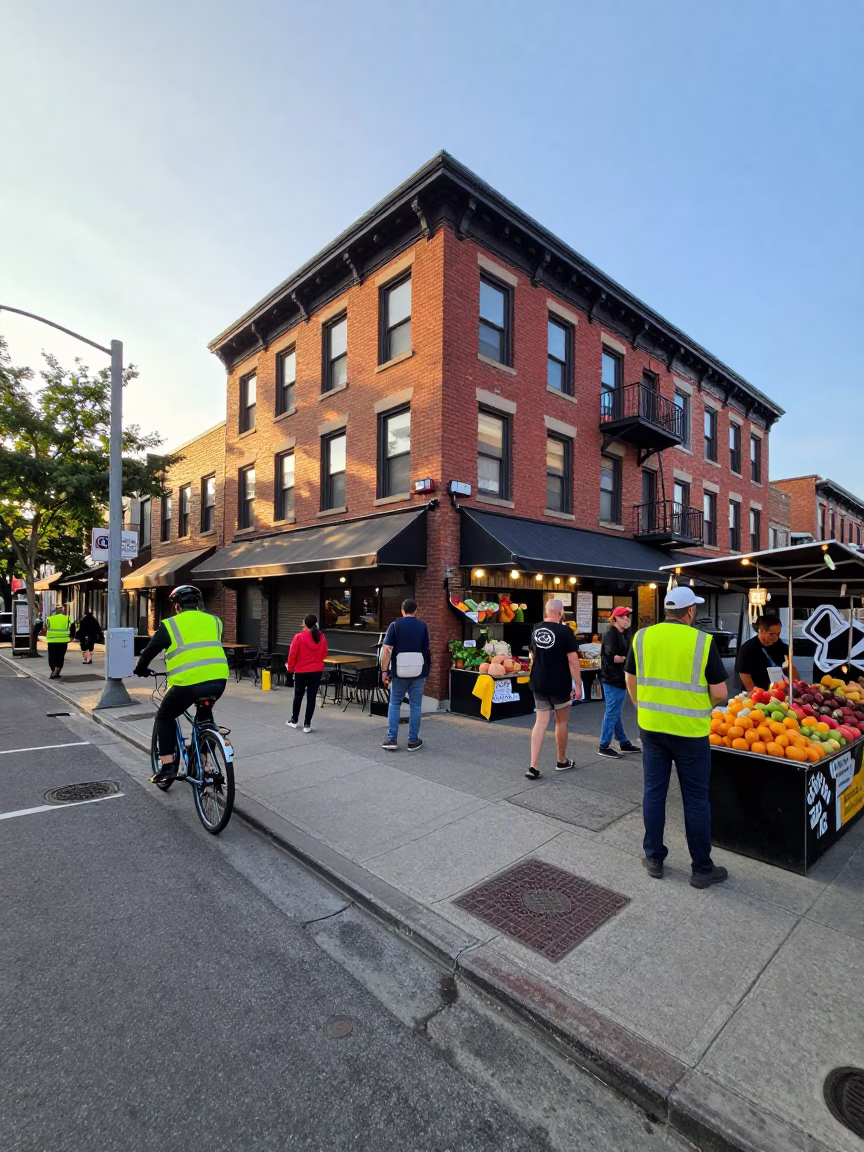 Busy Toronto Street Scene at Sunrise with Bicycle and Mango Vendor in in Toronto, Ontario, Canada