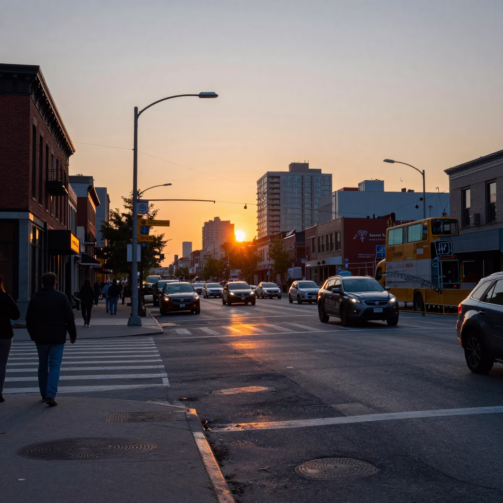 Busy Toronto Street Scene at Sunset with Construction and Urban Life in in Toronto, Ontario, Canada
