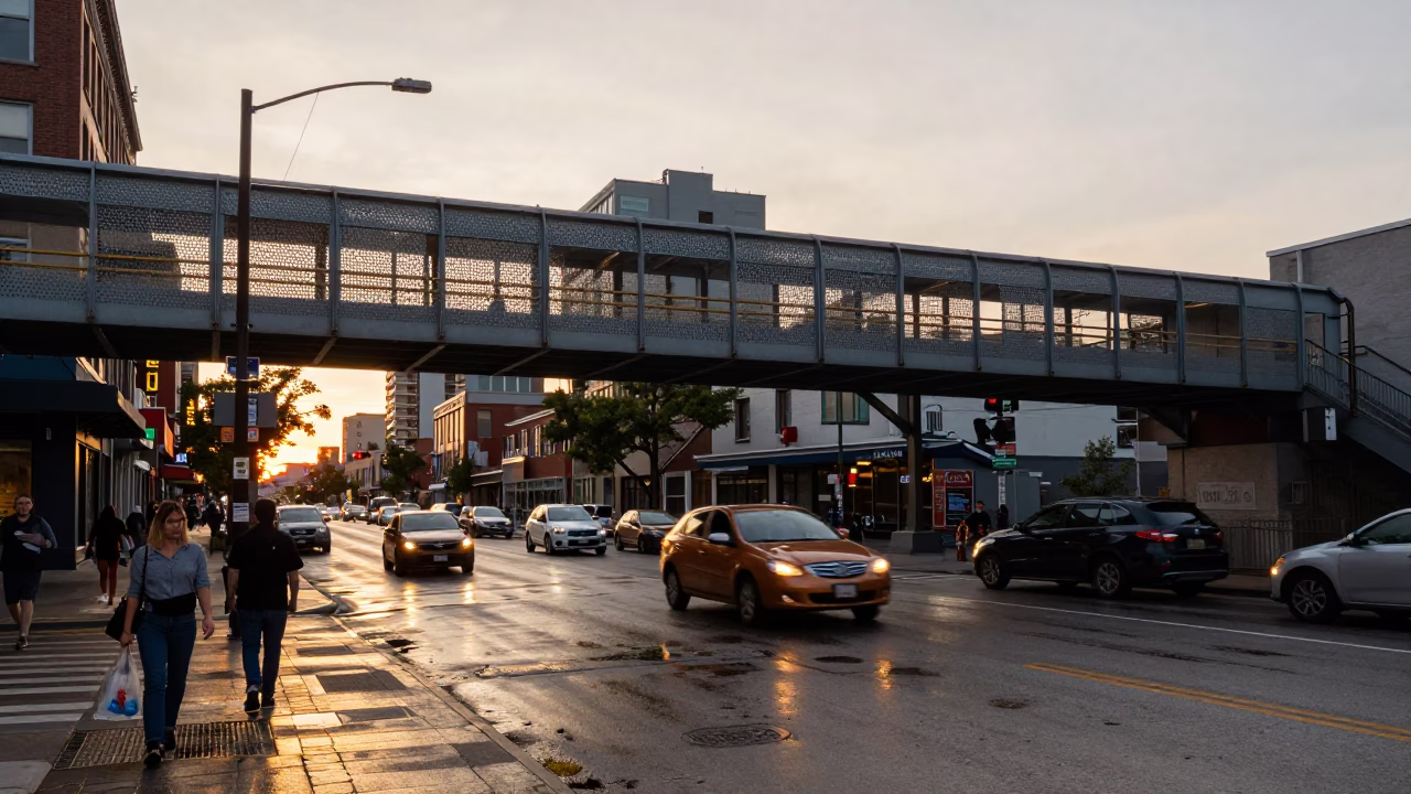 Busy Toronto Street Scene at Sunset with Pedestrian Overpass and Wet Footsteps in in Toronto, Ontario, Canada