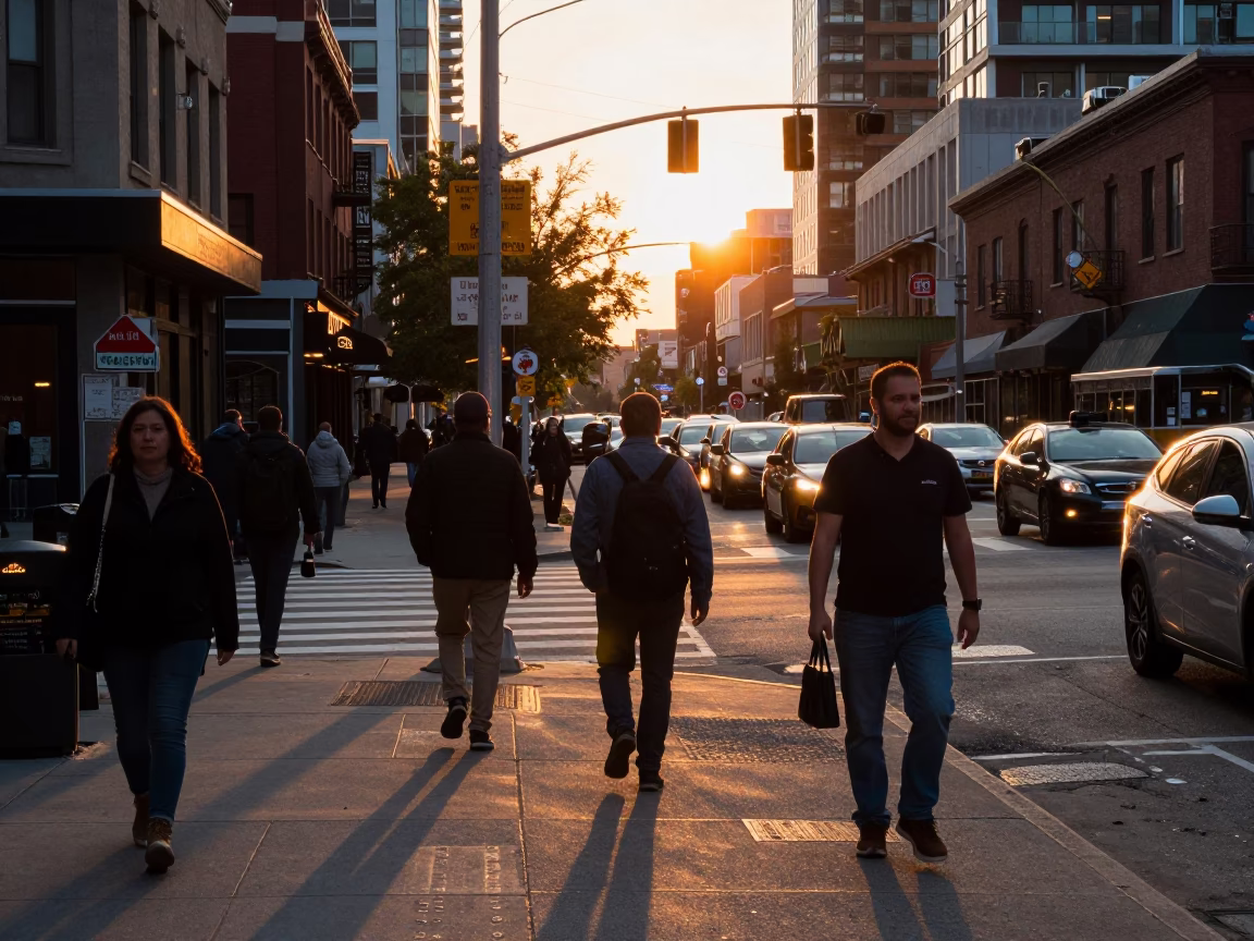 Busy Toronto Street Scene at Sunset with Pedestrians and Urban Architecture in in Toronto, Ontario, Canada