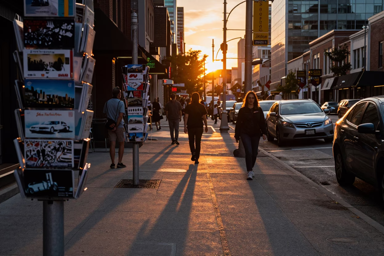 Busy Toronto Street Scene at Sunset with Postcards and Suitcases Near CN Tower in in Toronto, Ontario, Canada