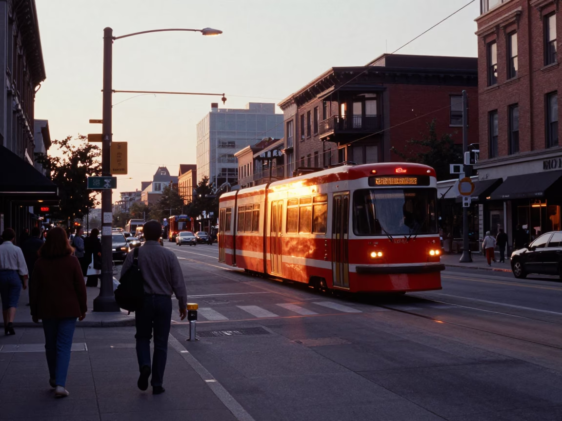 Busy Toronto Street Scene at Sunset with Transit and Urban Activity in in Toronto, Ontario, Canada