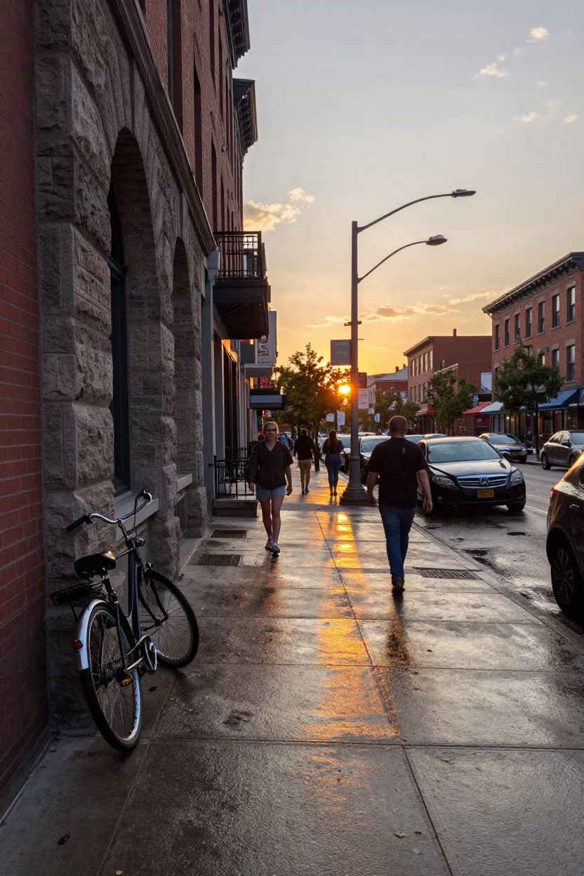 Busy Toronto street scene at sunset with vintage bicycle and urban architecture in in Toronto, Ontario, Canada