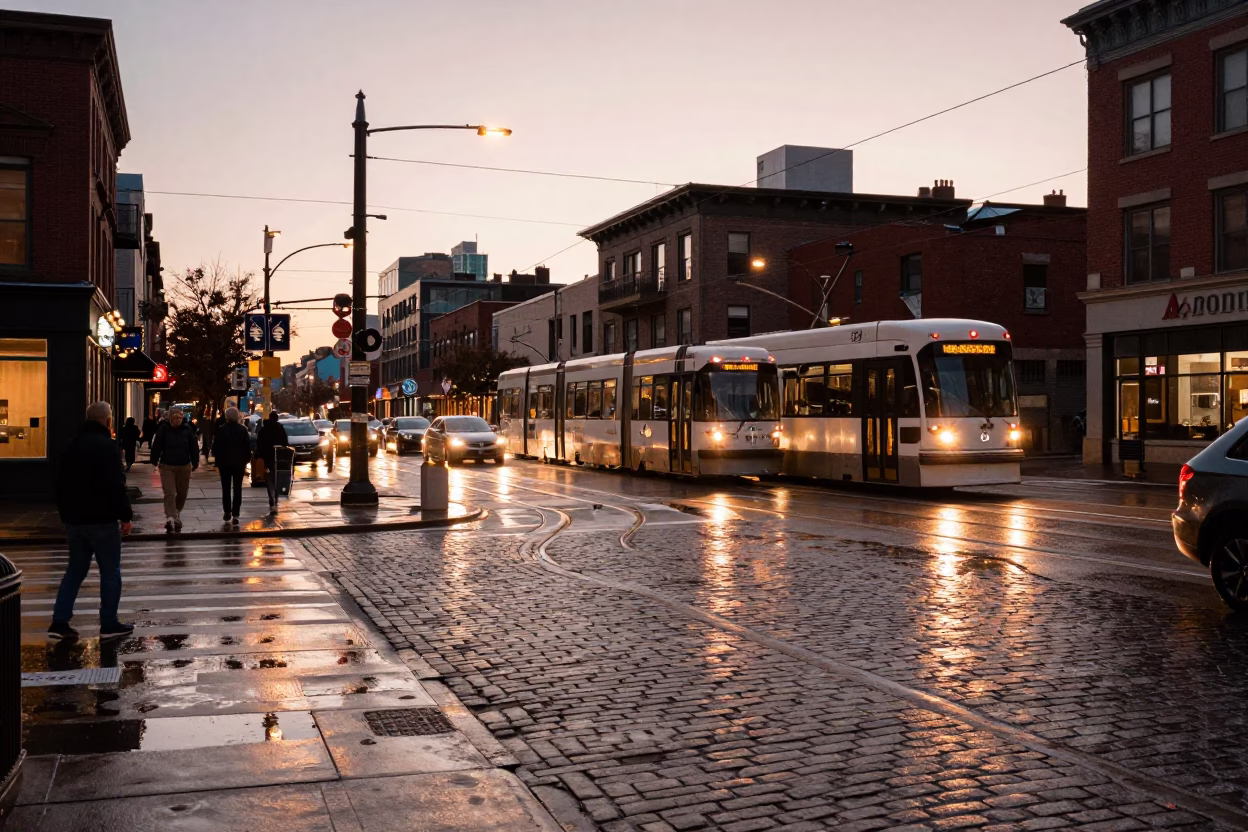 Busy Toronto Street Scene Before Dusk with Streetcars and Urban Life in in Toronto, Ontario, Canada