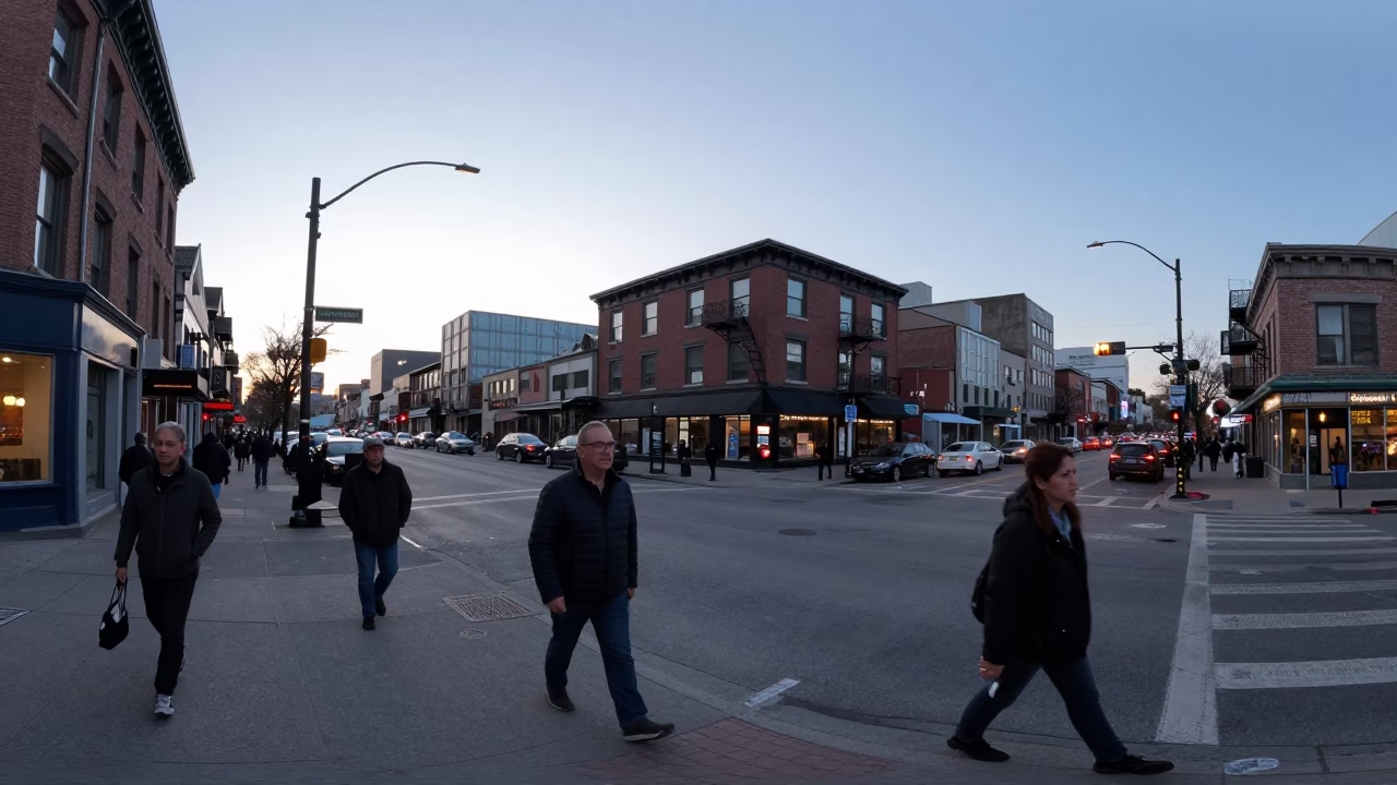 Busy Toronto Street Scene Before Sunrise with Morning Commuters and City Architecture in in Toronto, Ontario, Canada