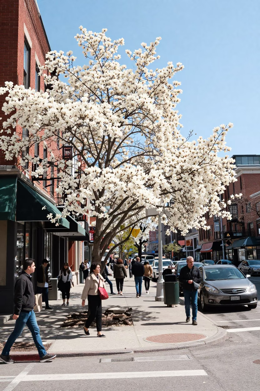 Busy Toronto Street Scene in Bright Midmorning Light with Magnolia Tree Bloom in in Toronto, Ontario, Canada