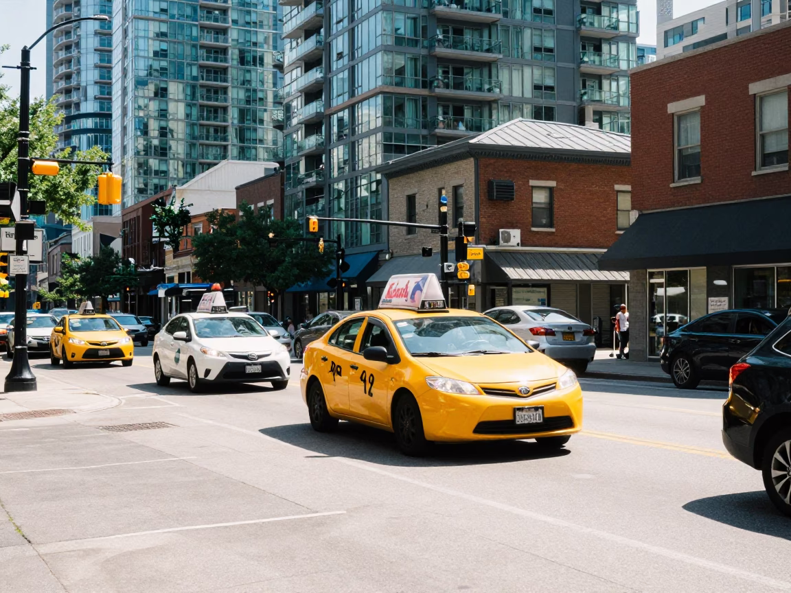 Busy Toronto Street Scene in Bright Midmorning Light with Yellow Taxi and Urban Activity in in Toronto, Ontario, Canada