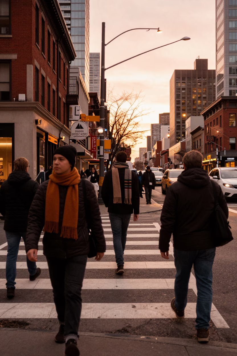 Busy Toronto Street Scene in Copper Toned Dusk Light with Commuters and Urban Details in in Toronto, Ontario, Canada