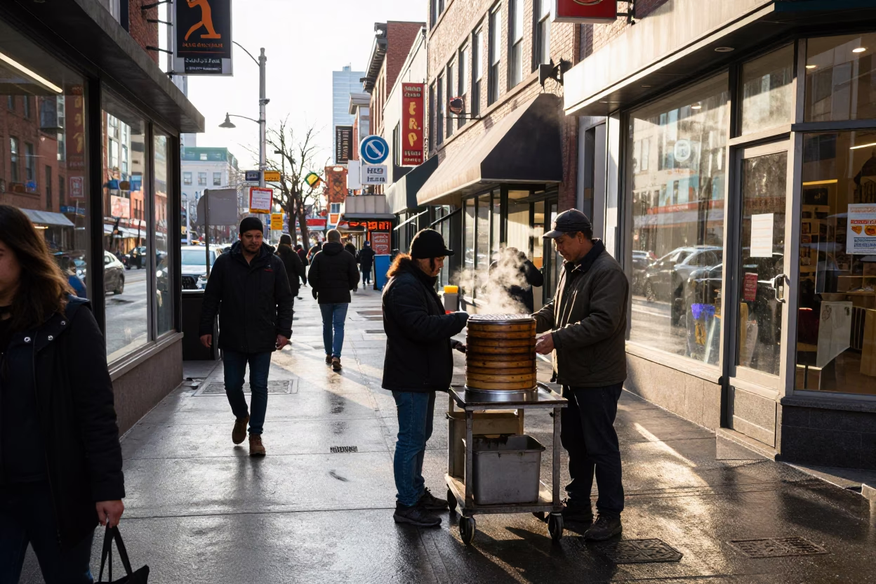 Busy Toronto Street Scene Just After Sunrise with Local Shops and Commuters in in Toronto, Ontario, Canada