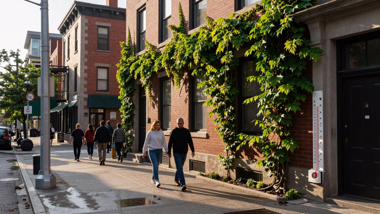 Busy Toronto Street Scene Just After Sunrise with Vine and Thermometer in in Toronto, Ontario, Canada