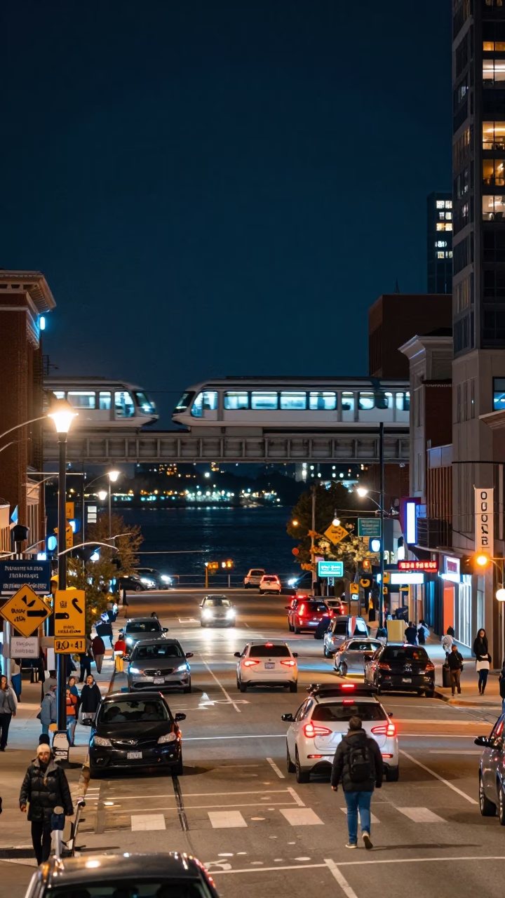 Busy Toronto Street Scene Under Deep Night Sky with Monorail and Construction Activity in in Toronto, Ontario, Canada