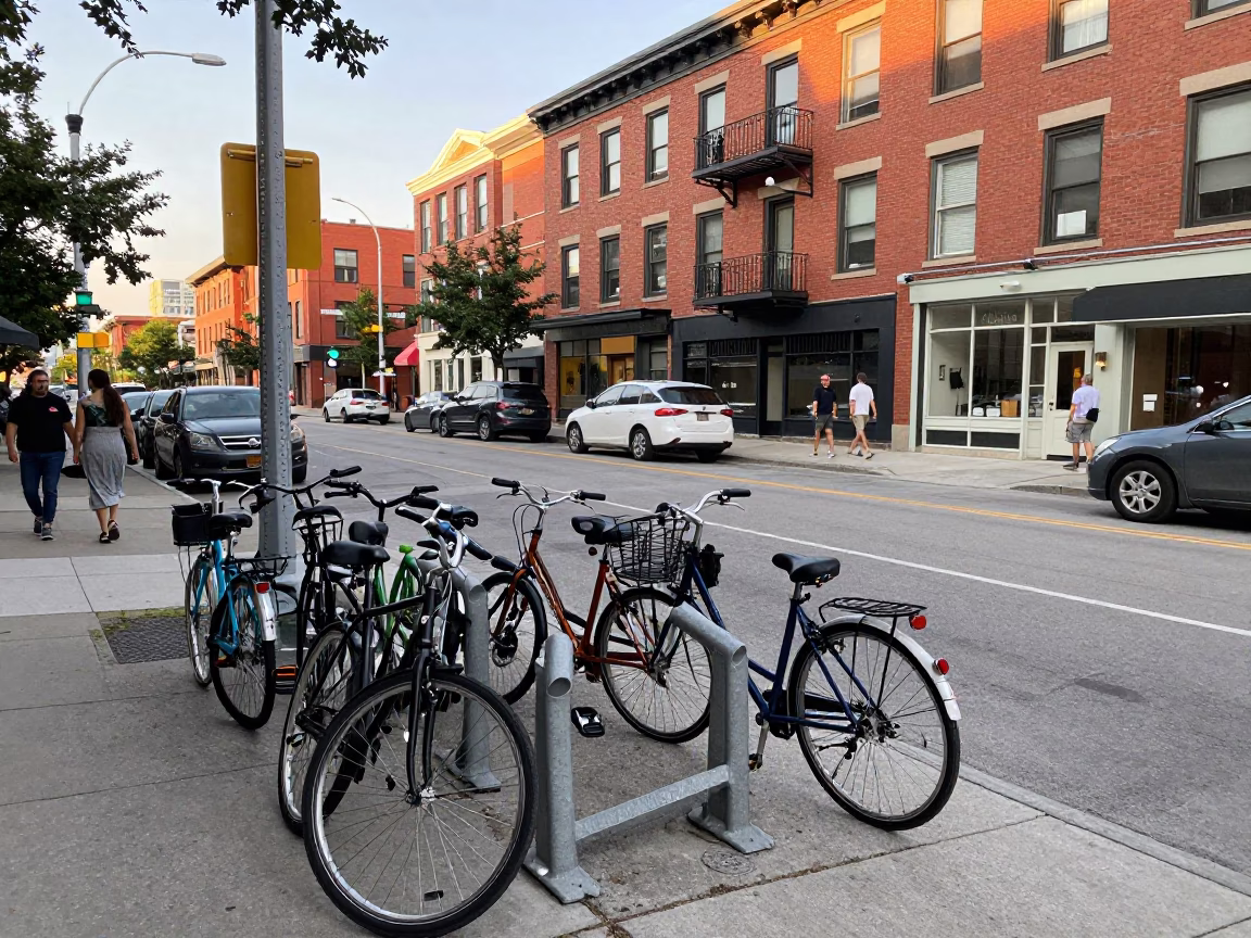 Busy Toronto Street Scene with Red Brick Building and Bicycle Rack in Early Afternoon in in Toronto, Ontario, Canada