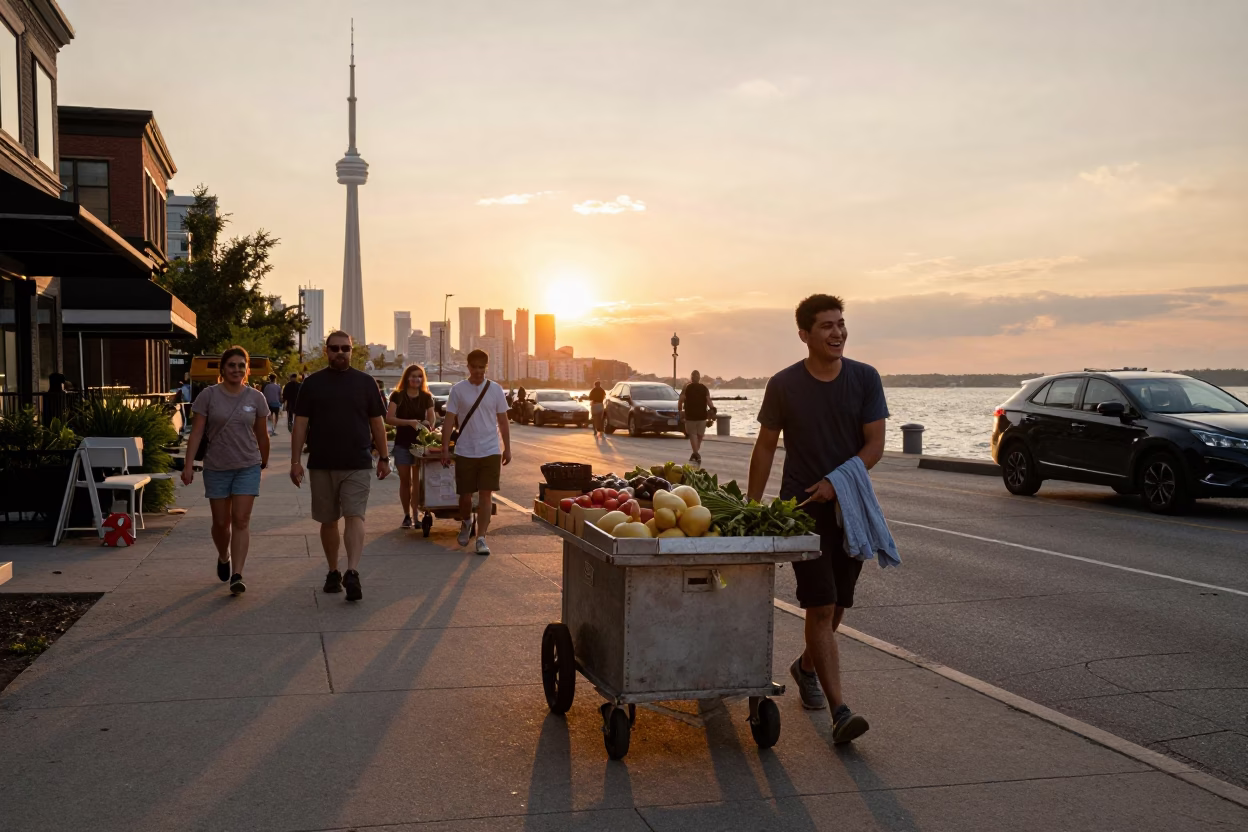 Busy Toronto Street Sunset Scene with Rolling Carts and Urban Life in Ontario Canada in in Toronto, Ontario, Canada