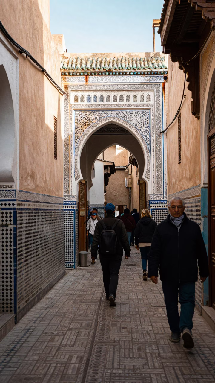 Busy Traditional Fez Medina Alley with Zellige Tile Walls and Ceramic Bowls in in Fez, Morocco