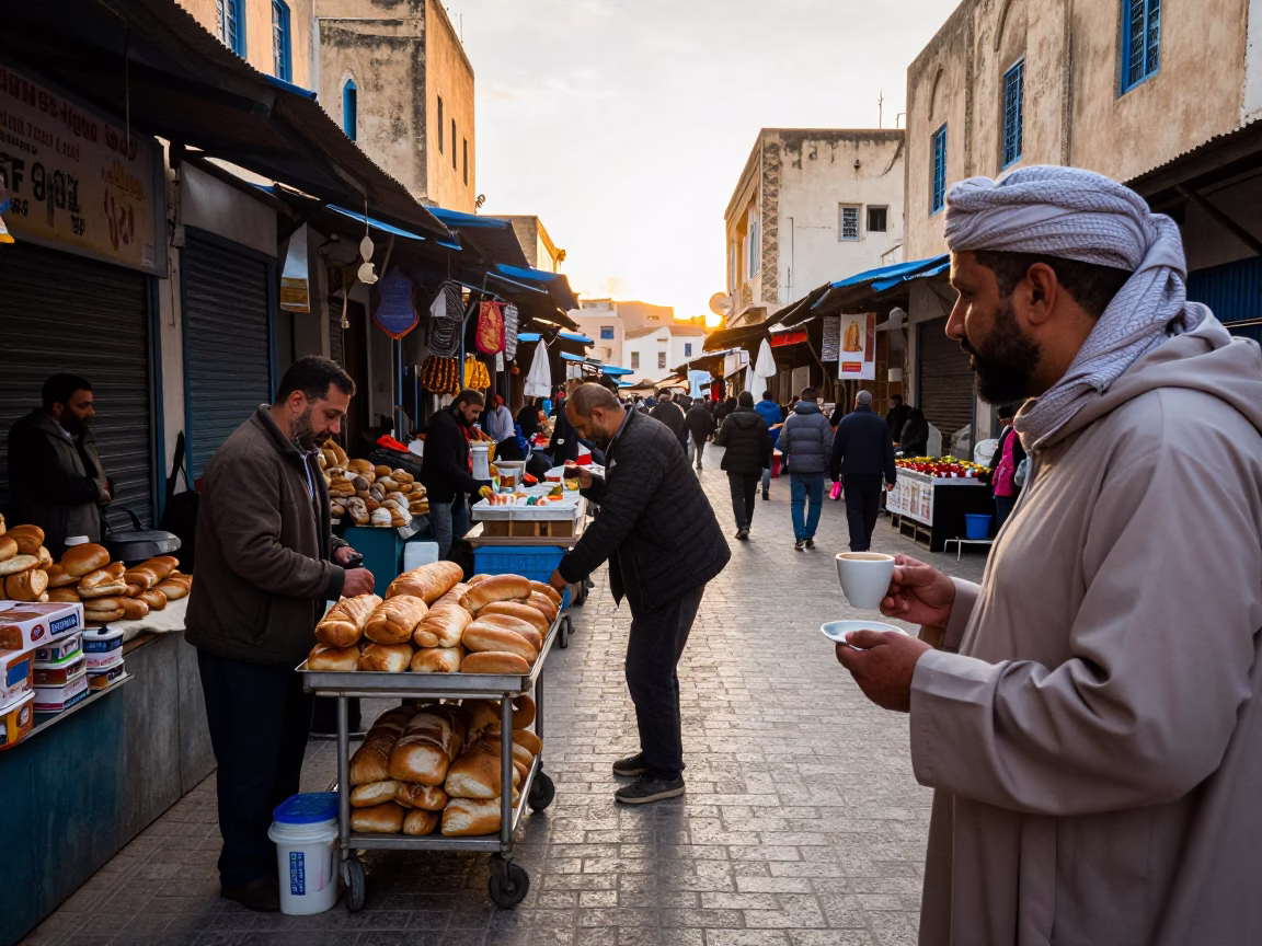 Busy Tunis Street Market After Sunrise with Espresso Cup and Local Commerce in in Tunis, Tunisia