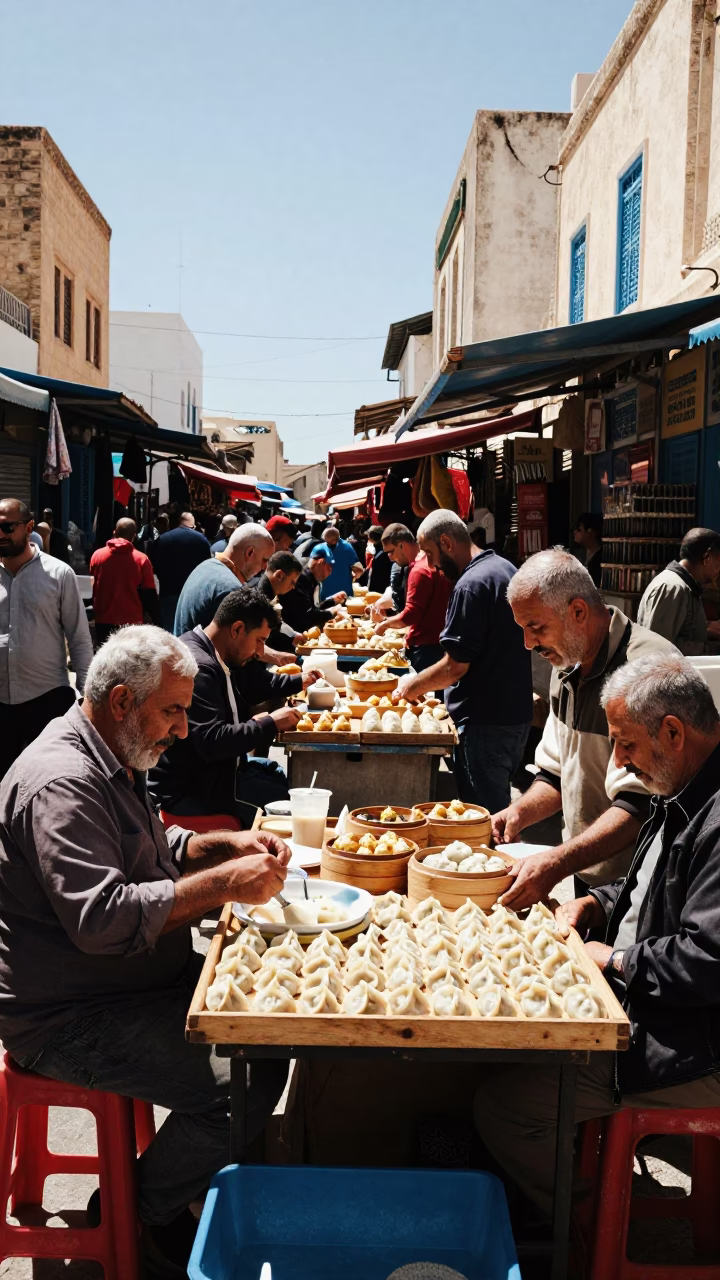 Busy Tunis Street Market Stall Under Flat Noon Glare with Local Commerce in in Tunis, Tunisia