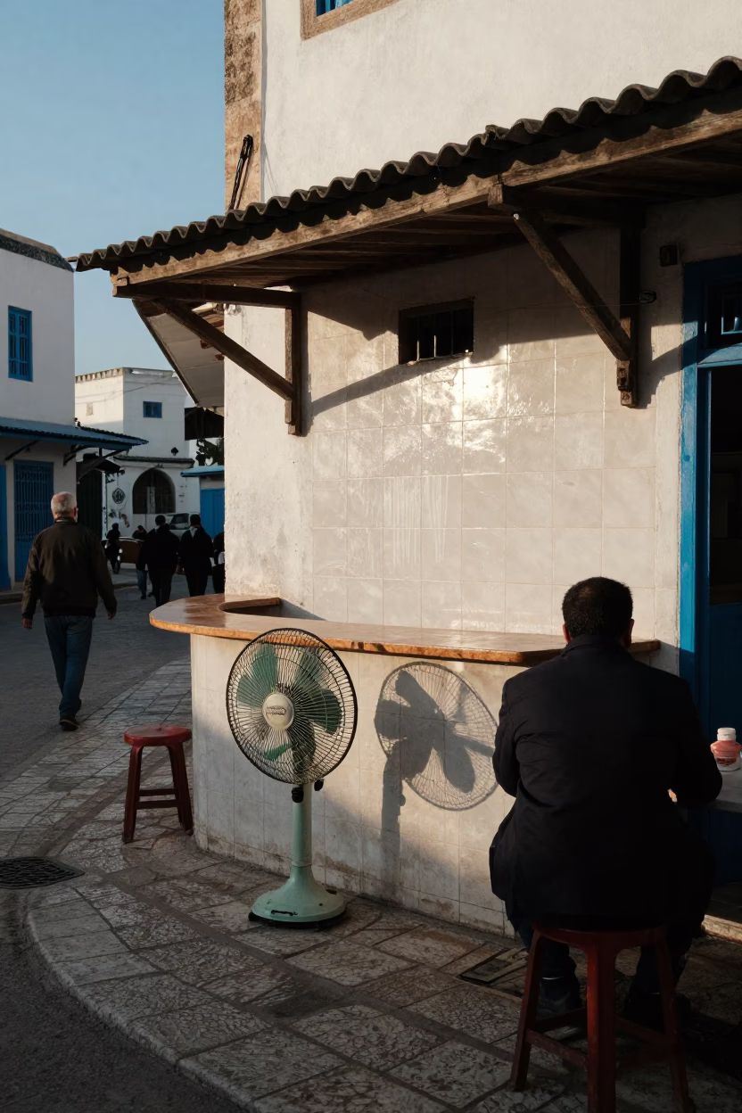 Busy Tunis Street Morning with Vintage Table Fan and Soap Streaks in in Tunis, Tunisia