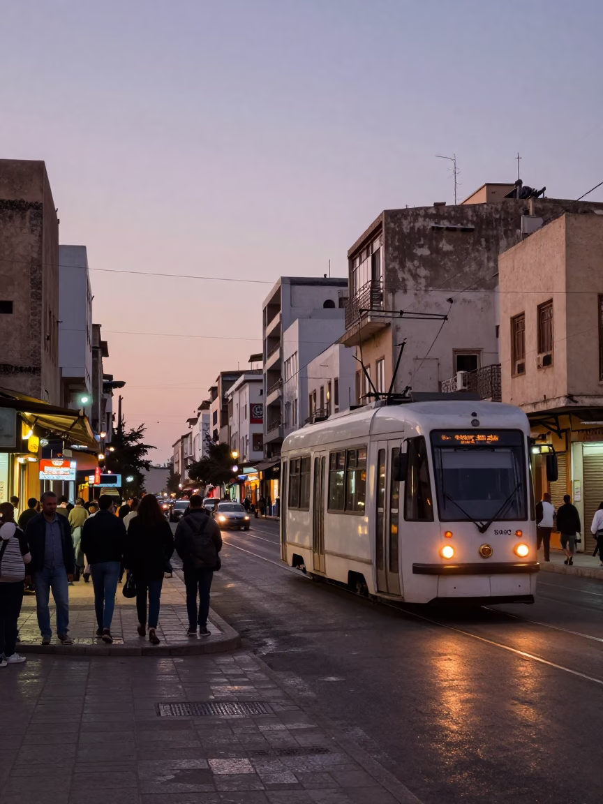 Busy Tunis Street Scene at Nautical Dawn with Tram Reflections and Morning Commuters in in Tunis, Tunisia