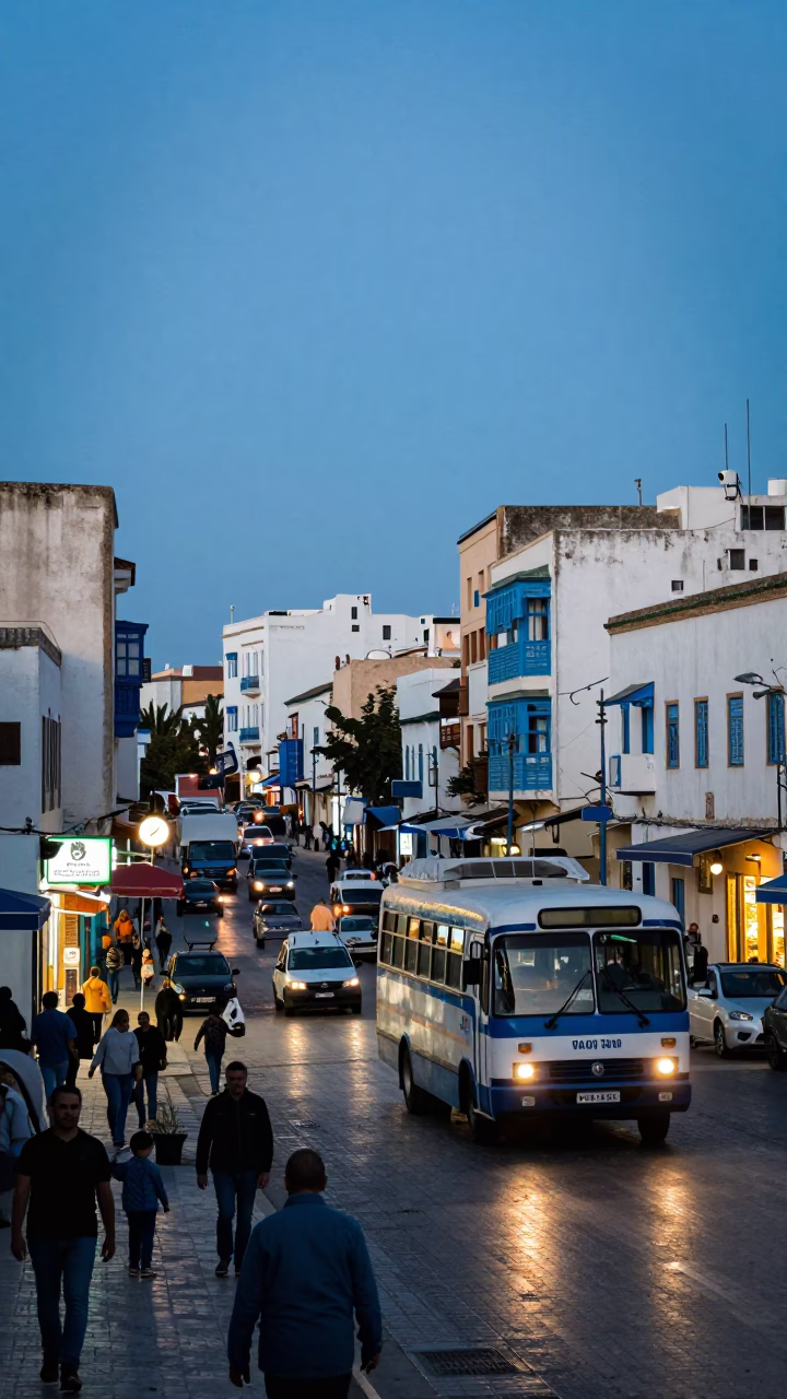 Busy Tunis Street Scene at Nautical Dawn with Vintage 1960s Bus and Local Pedestrians in in Tunis, Tunisia
