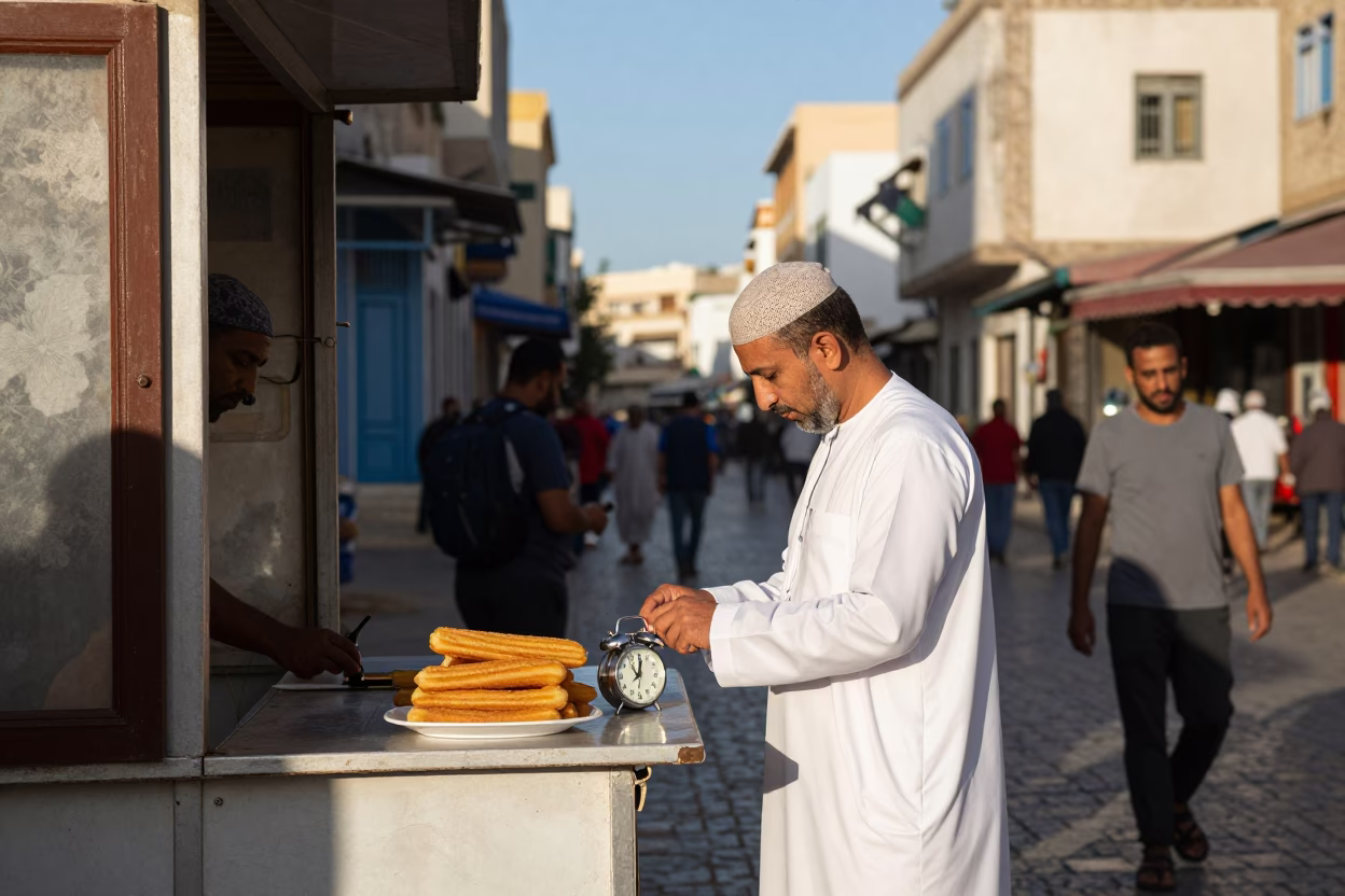 Busy Tunis Street Scene Late Afternoon Light with Alarm Clock and Churros in in Tunis, Tunisia