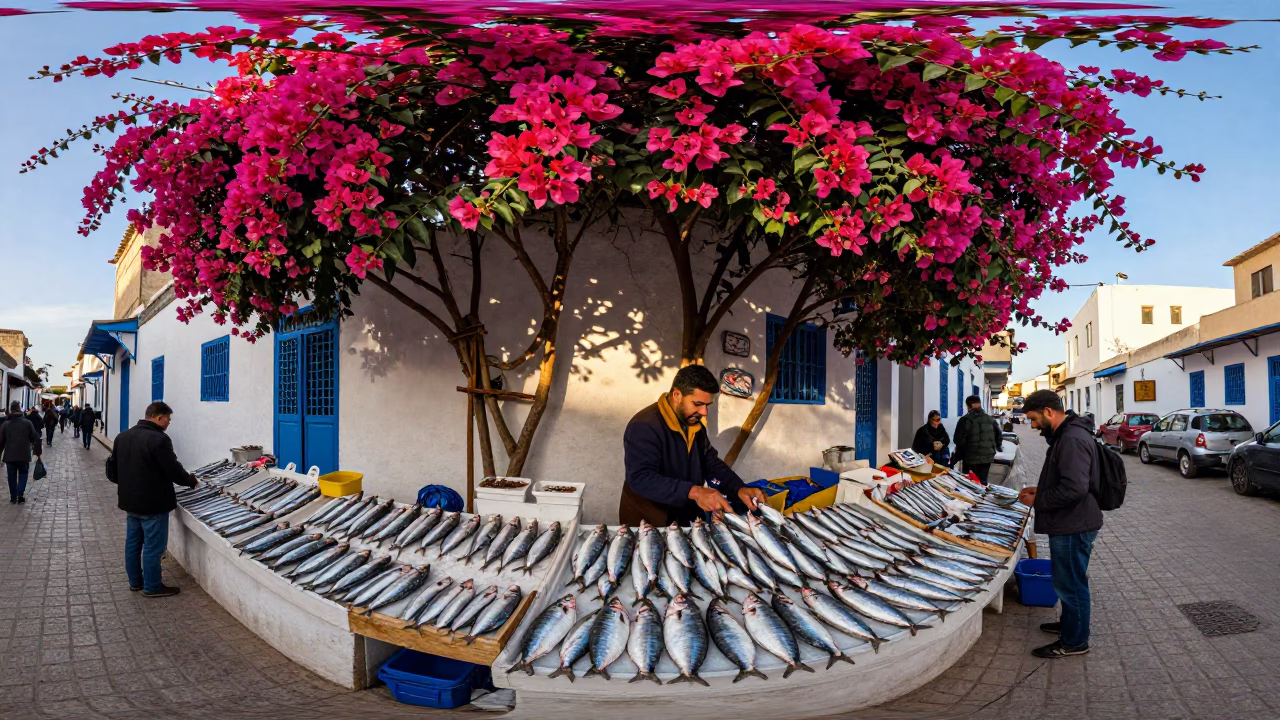 Busy Tunis Street Scene Late Afternoon Sardines and Bougainvillea in in Tunis, Tunisia