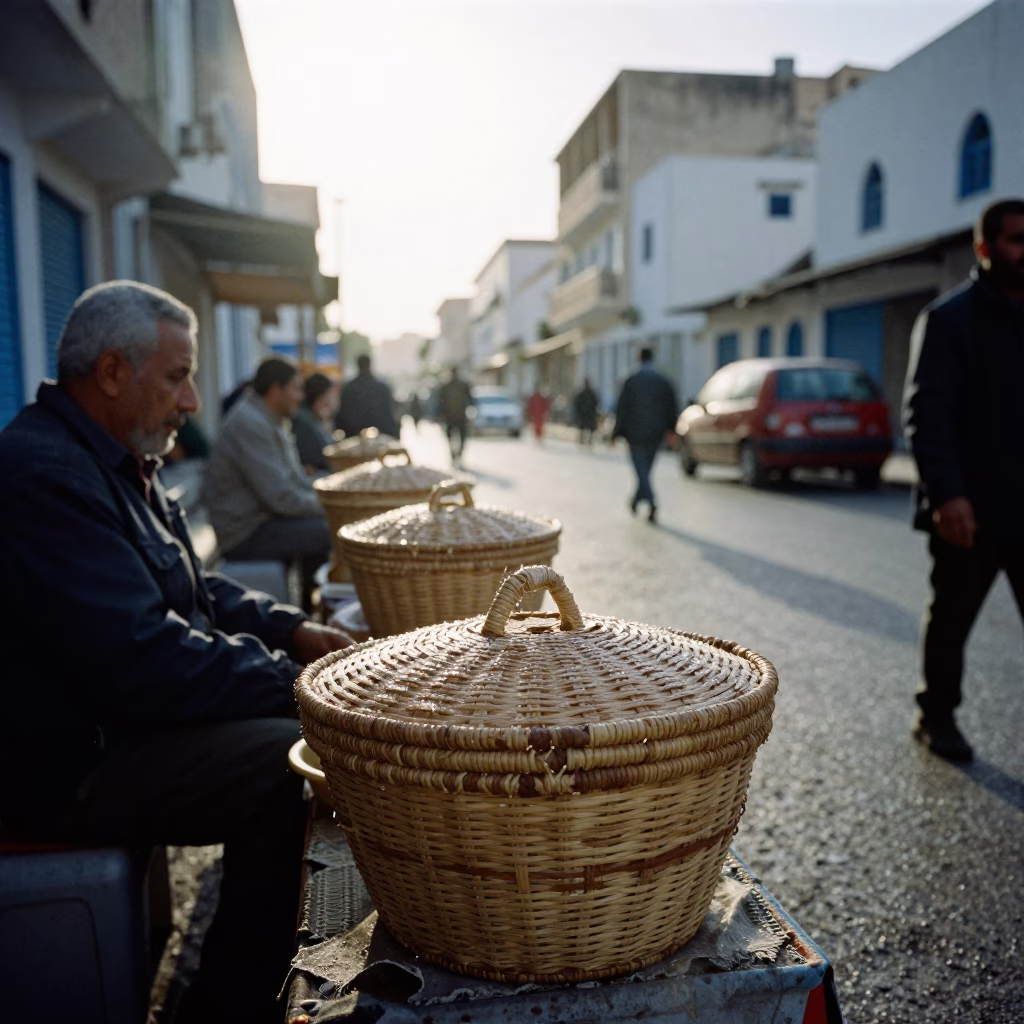 Busy Tunis Street Scene Late Morning with Condensation on Wall and Peg Basket in in Tunis, Tunisia