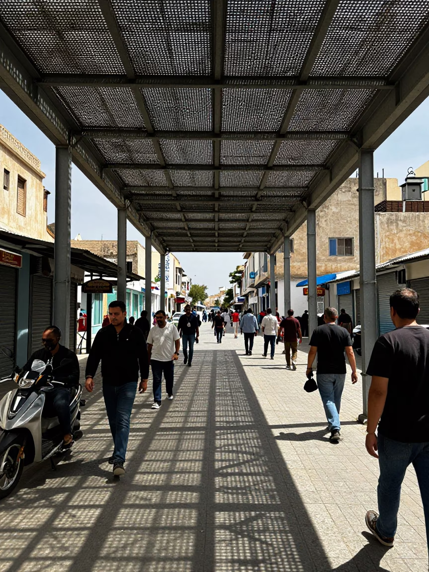 Busy Tunis Street Scene Midday with Pedestrian Overpass and Perforated Metal Details in in Tunis, Tunisia