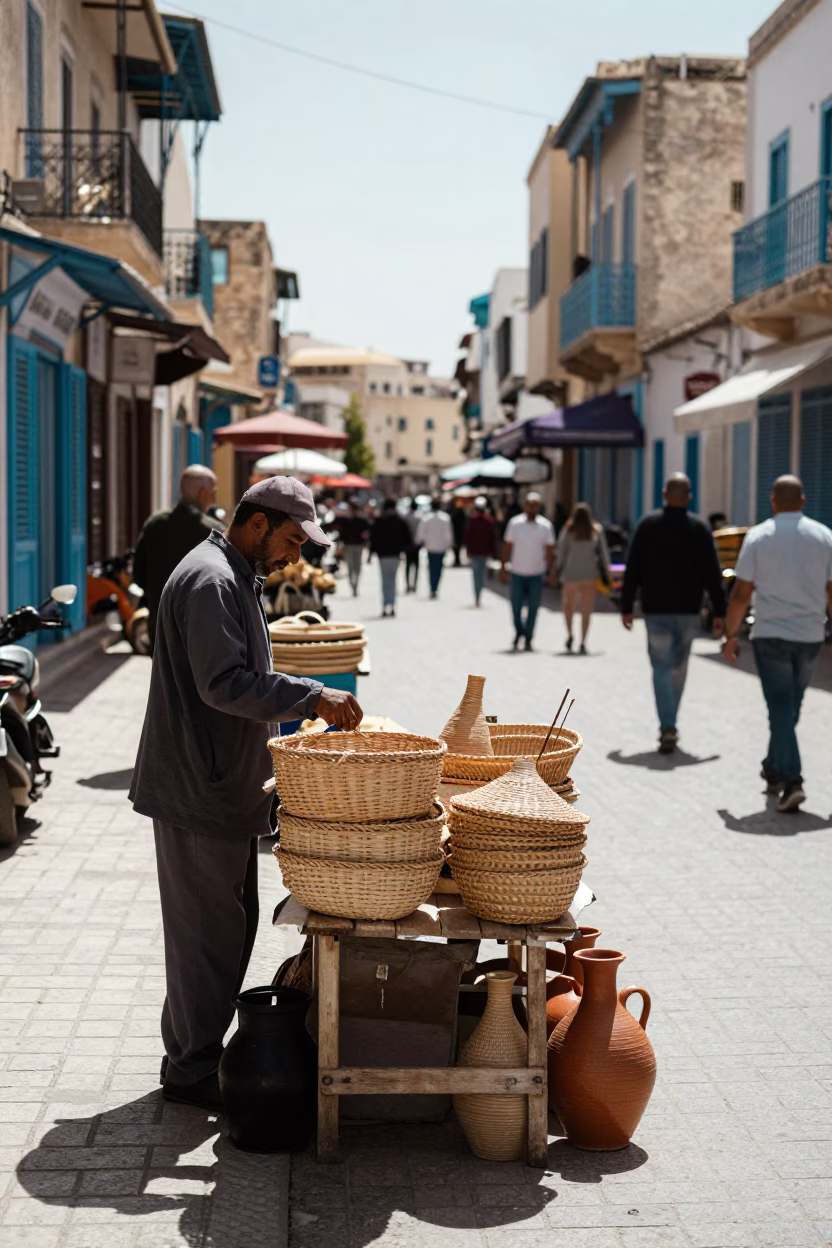 Busy Tunis Street Scene Under Flat Noon Glare with Local Commerce in in Tunis, Tunisia