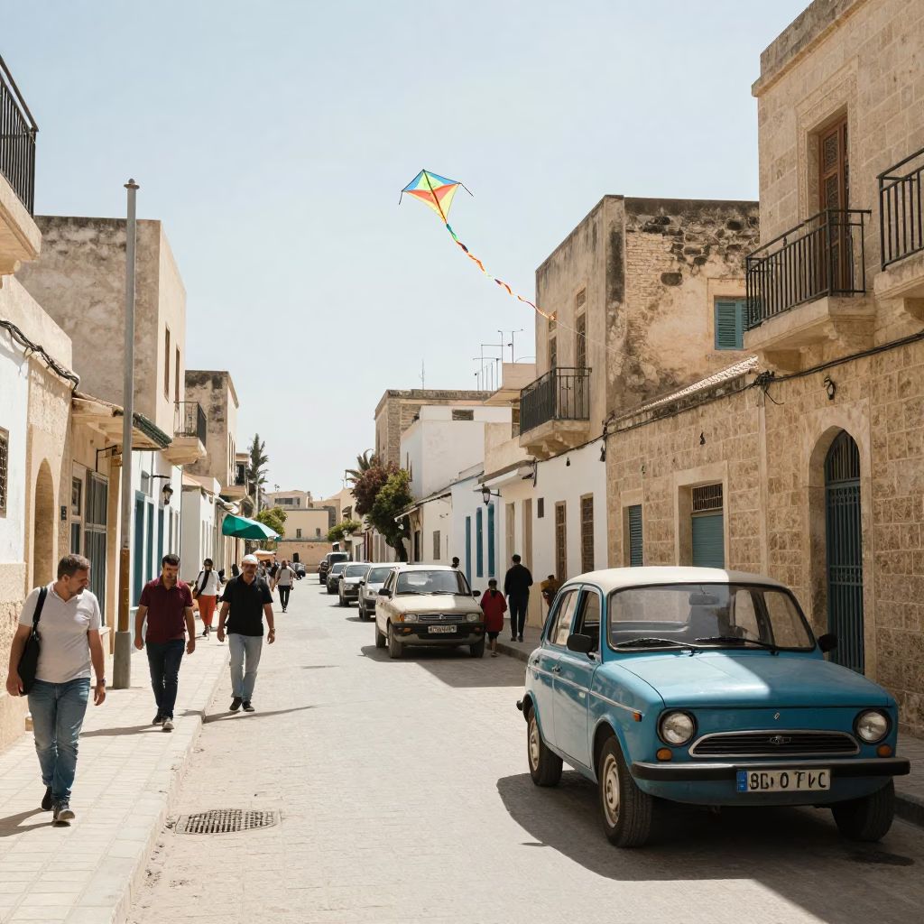 Busy Tunis Street Scene with Vintage Car and Kite Reel in Bright Midmorning Light in in Tunis, Tunisia