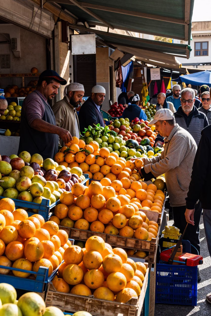 Busy Tunisian Farmers Market Morning with Colorful Fruit Displays in Tunis Tunisia in in Tunis, Tunisia