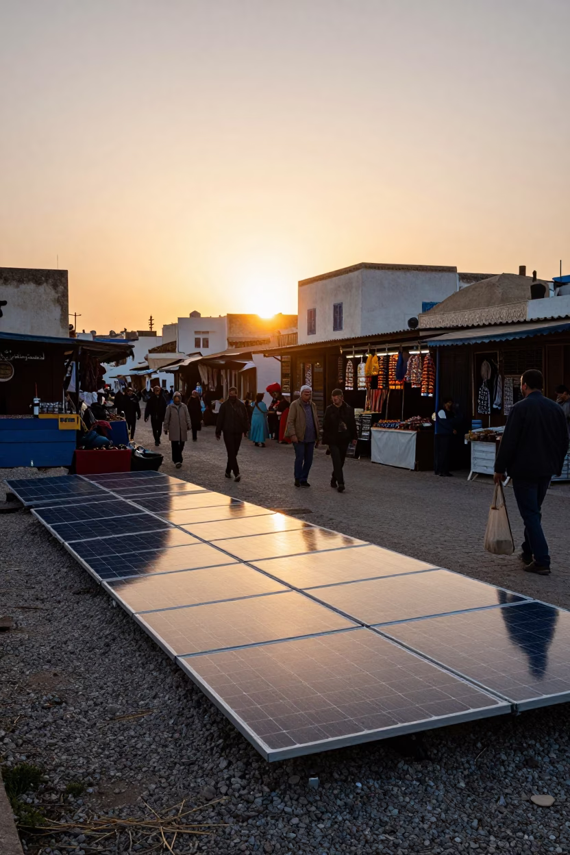 Busy Tunisian Market Stall at Sunset with Solar Panels and Local Commerce in in Tunis, Tunisia