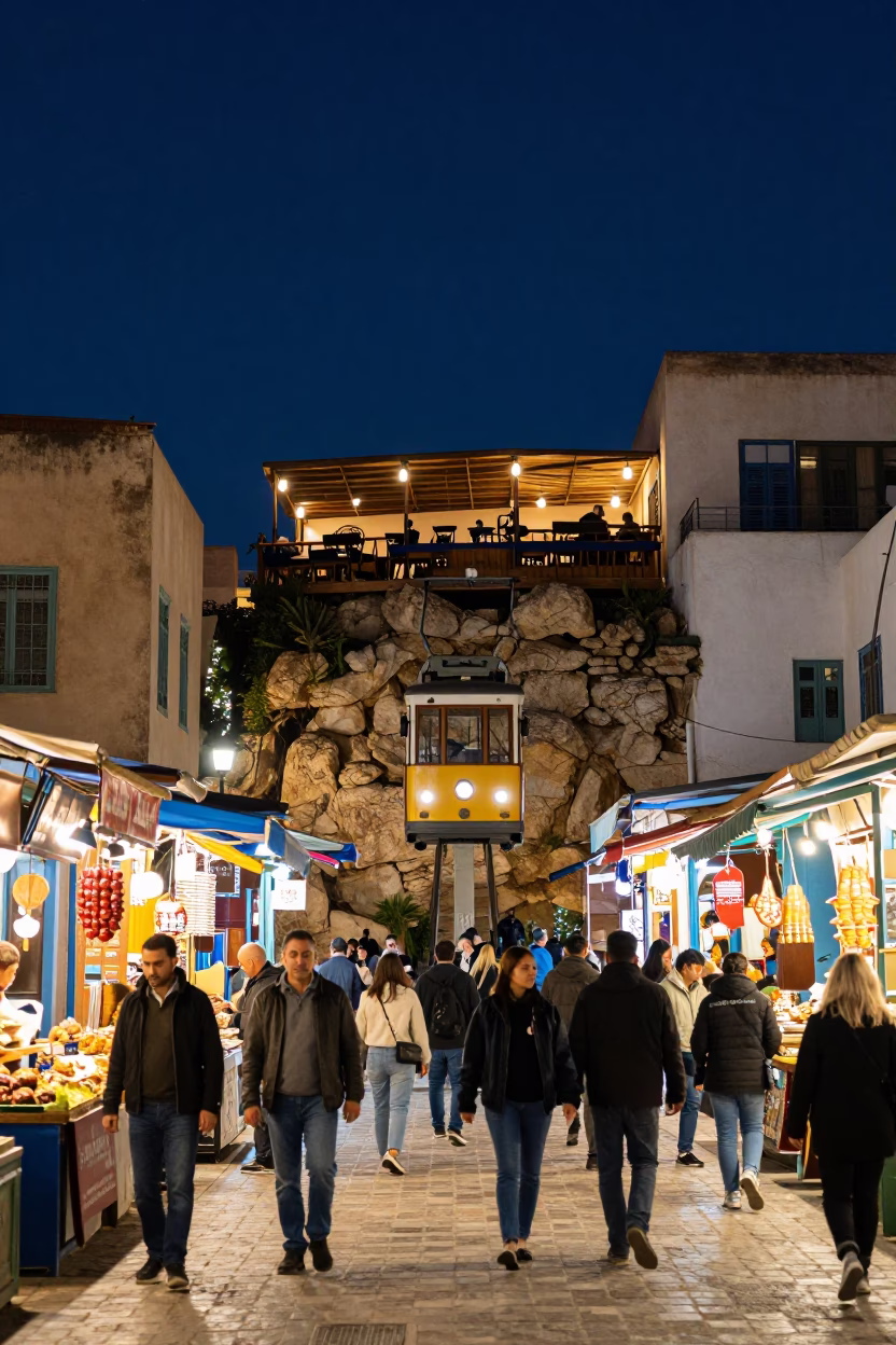 Busy Tunisian Night Market Street Scene with Funicular Railway and Local Dining in in Tunis, Tunisia