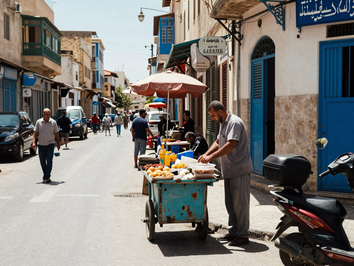 Busy Tunisian Noon Street Scene with Vendor and Traditional Elements in in Tunis, Tunisia