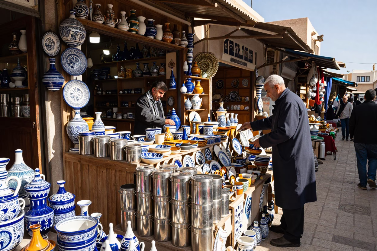 Busy Tunisian Souk Stall with Ceramic Ware and Brass Tea Set in in Tunis, Tunisia