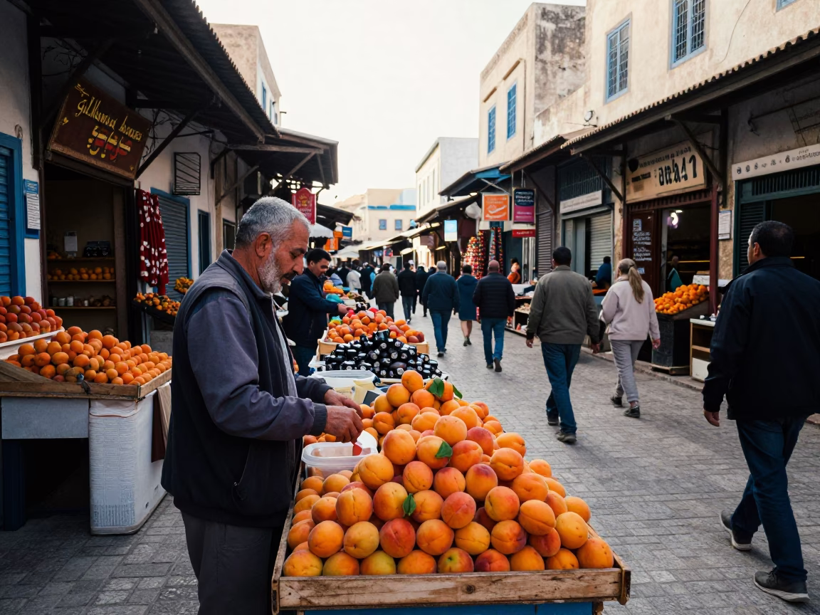 Busy Tunisian Souk Street Scene Early Afternoon with Honey Dripper and Apricots in in Tunis, Tunisia