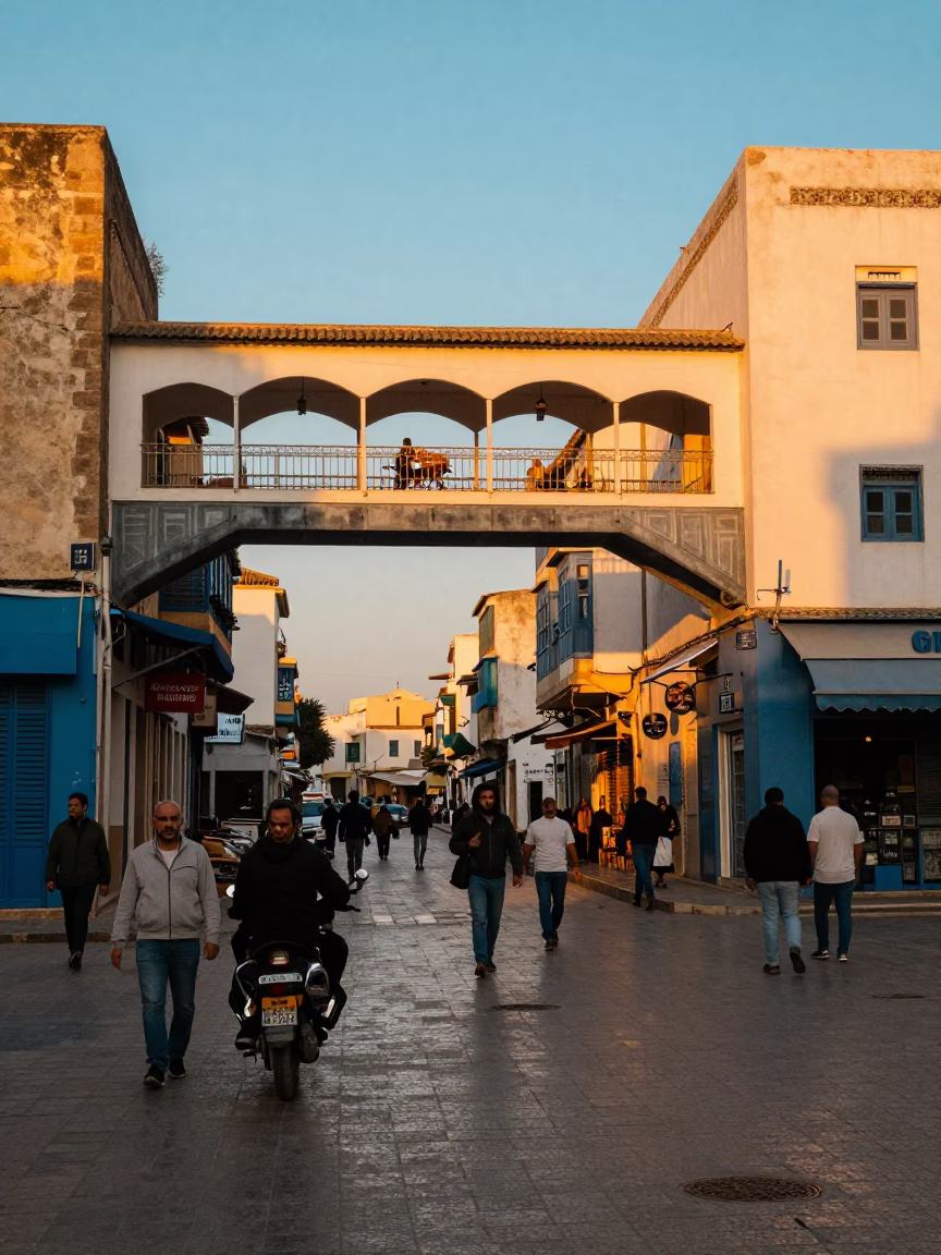 Busy Tunisian Street Corner in Honeyed Evening Light with Pedestrian Overpass and Local Life in in Tunis, Tunisia