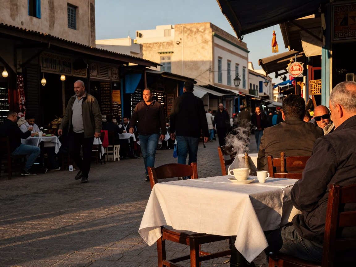 Busy Tunisian Street Corner in Honeyed Evening Light with Wicker Shadows and Linen Napkins in in Tunis, Tunisia
