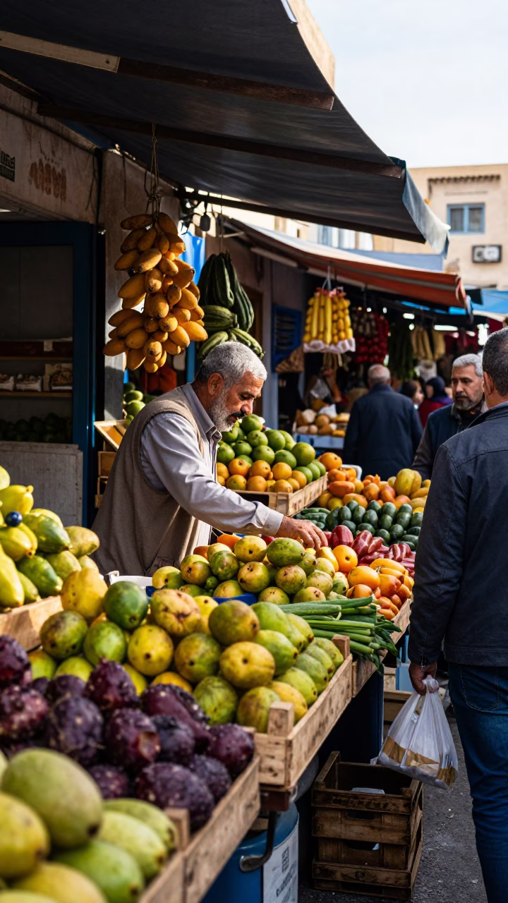Busy Tunisian Street Market Late Morning with Fresh Olives and Local Vendors in in Tunis, Tunisia